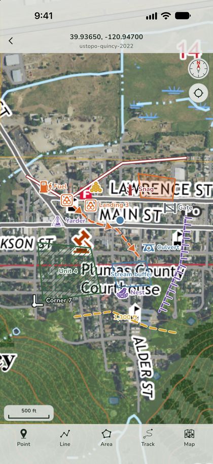 The Quincy quad open on an iPhone with points, a skid trail, a haul road and a hatched unit drawn on it