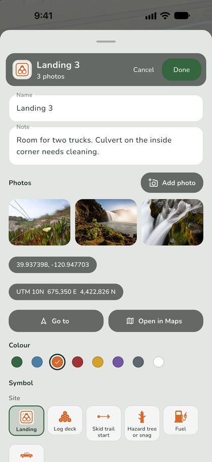 The sheet for the point Landing 3 with its note, three photos and its coordinates